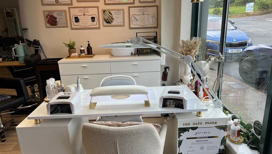 Modern nail station at The Nail Place, Coachford, County Cork, IE, featuring elegant decor and professional tools.
