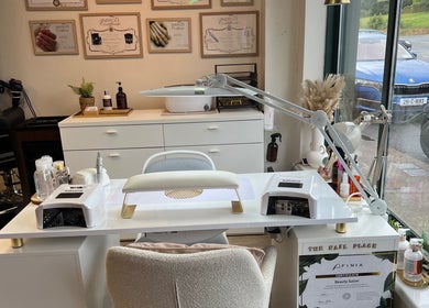 Modern nail station at The Nail Place, Coachford, County Cork, IE, featuring elegant decor and professional tools.