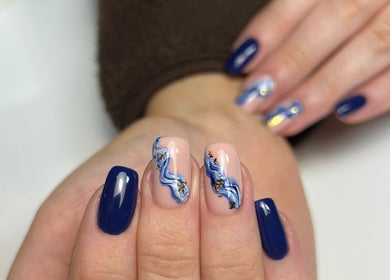 Nail art with blue marble design at The Nail Place, Coachford, County Cork, IE.