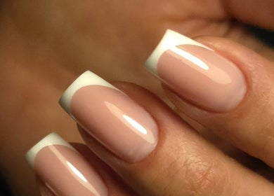 Close-up of elegant French manicure at Italmas Nails Inc., New York, New York, US.