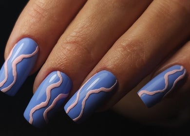 Elegant blue nails with pink wave design by Italmas Nails Inc., New York, New York, US.