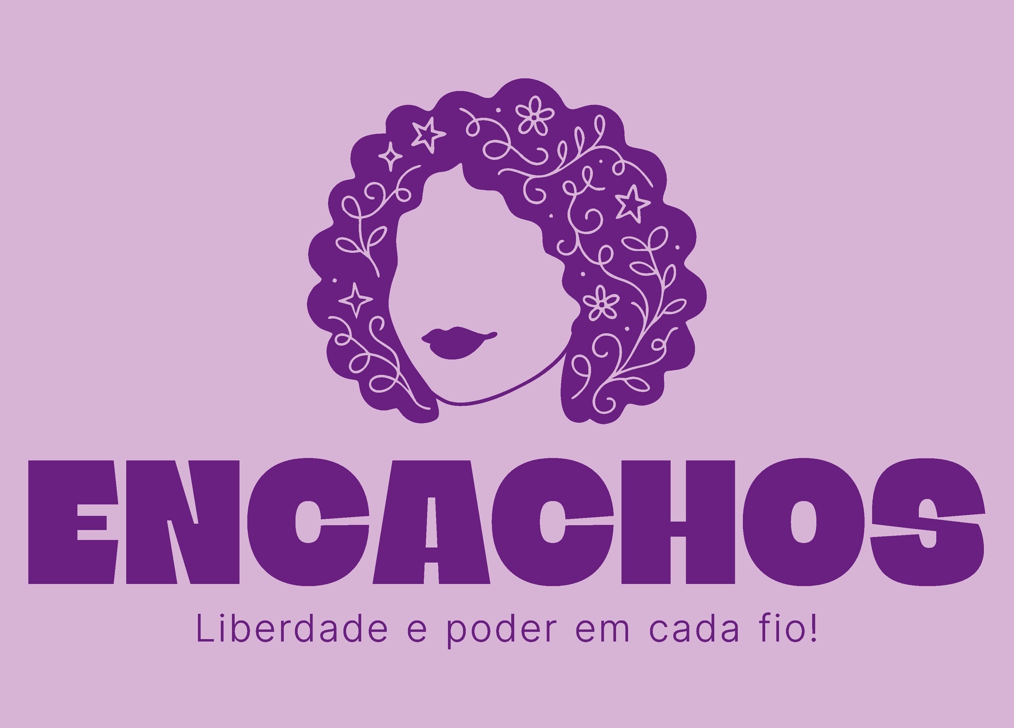 Logotipo do Studio Encachos em Itaituba, Pará, BR, destacando cabelo cacheado e slogan de empoderamento.
