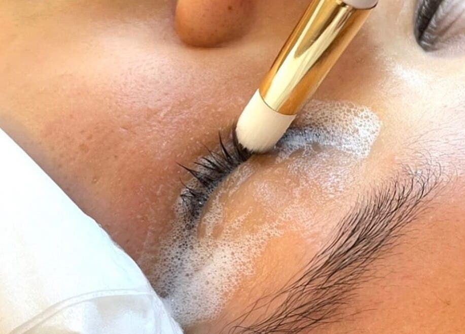 Eyelash treatment at Polished By Kirsty in Gqeberha, Eastern Cape, ZA, showcasing a lash cleaning process.