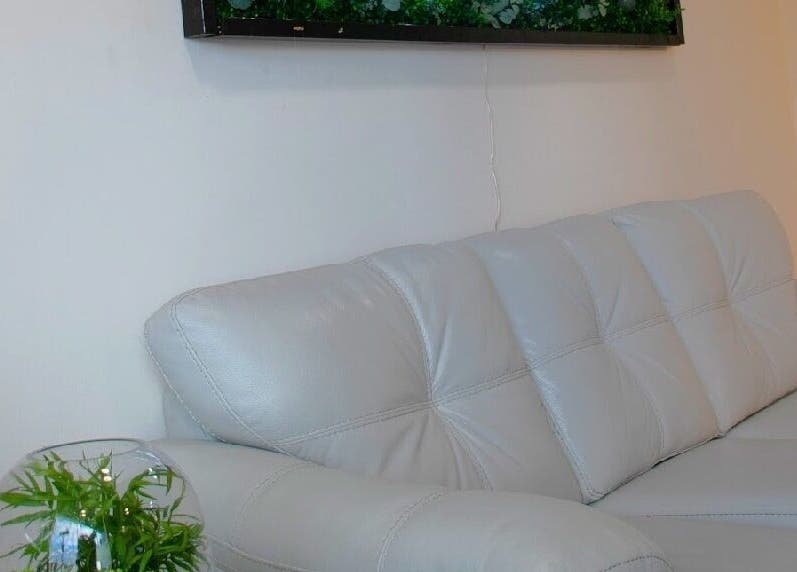 Elegant white couch with plant at Ivolve Hair Studio, Mississauga, Ontario, CA, offering a serene ambiance.