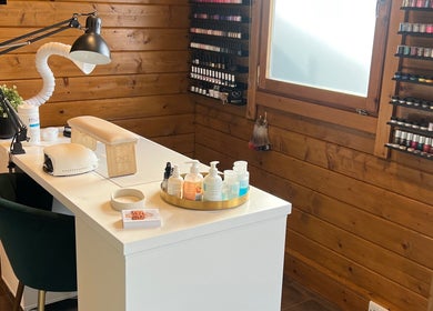 Nail station at Beau Boutique, Clovenfords, Scottish Borders, GB, showcasing elegant design and product variety.