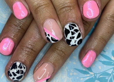 Stylish pink and monochrome nail designs at Skyhawk Beauty, Christchurch, Canterbury, NZ.