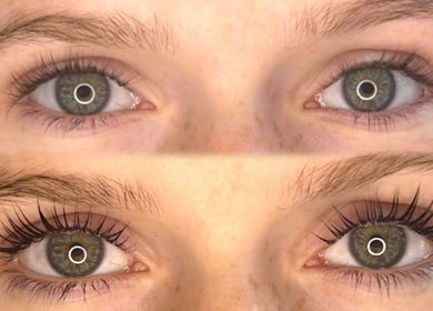 Before and after eyelash extension at Luxe Lashes, Jersey, St Helier, JE. Showcasing full, voluminous lashes.