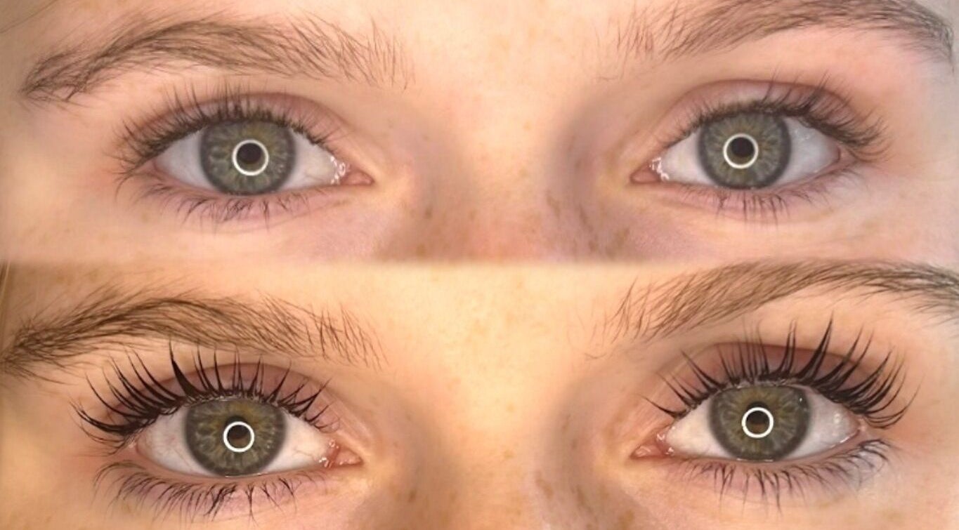 Before and after eyelash extension at Luxe Lashes, Jersey, St Helier, JE. Showcasing full, voluminous lashes.
