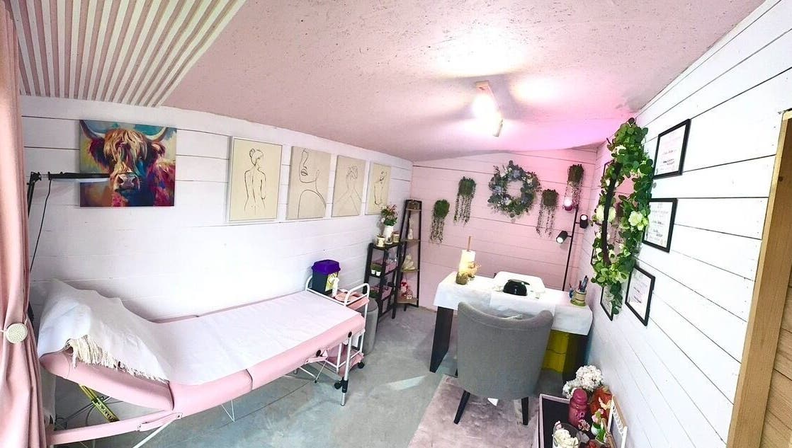 Relaxing treatment room at Pixie Glow Aesthetics & Nails in Harlow, England, GB with serene decor.