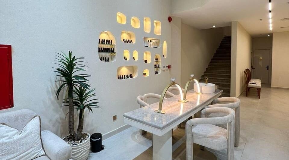 Stylish interior of صالون مكحال in Riyadh, Riyadh Province, SA with modern nail care setup.