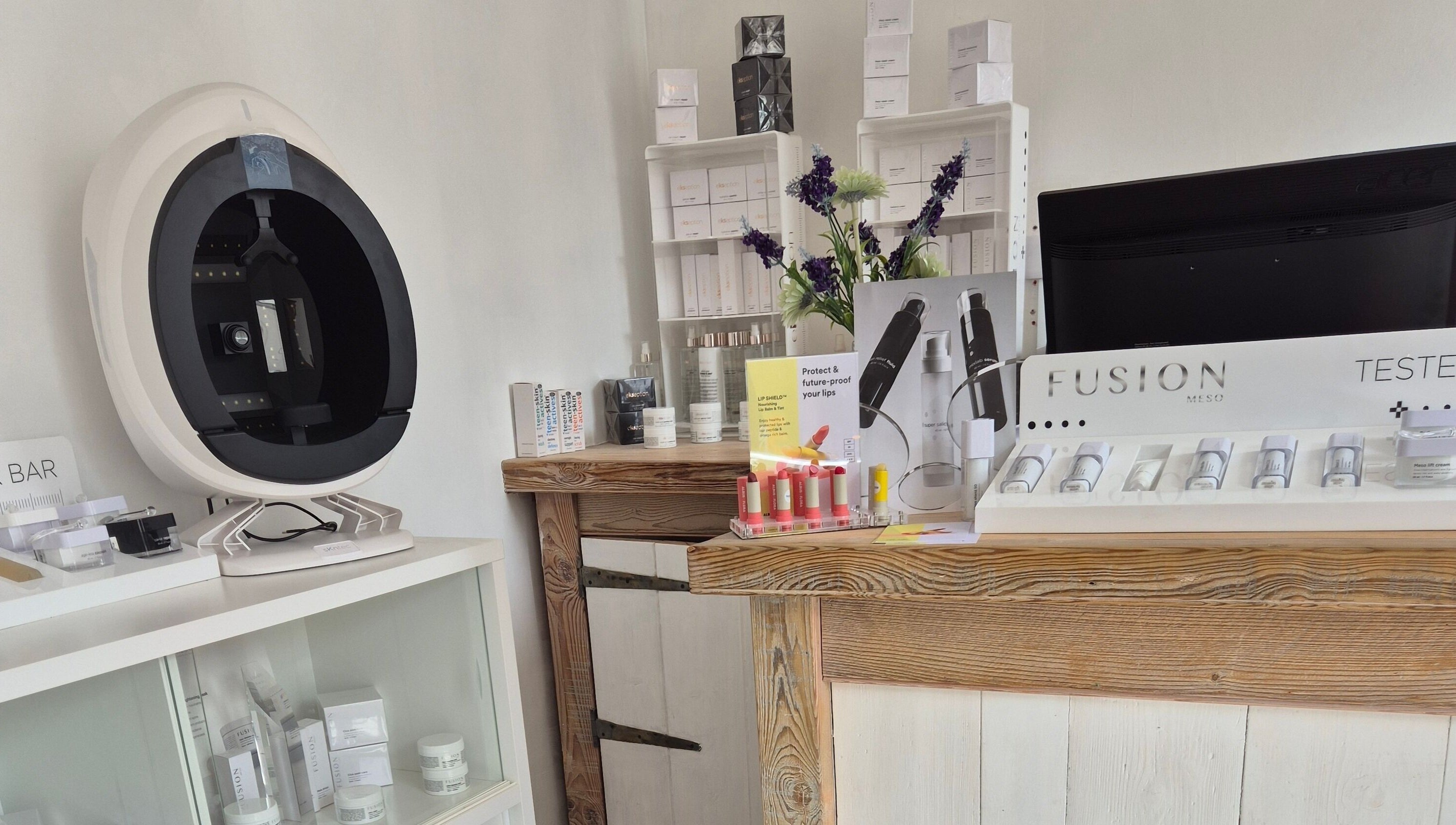 Product display at Gemini Aesthetic, Royal Tunbridge Wells, England, GB showcasing skincare and beauty items.