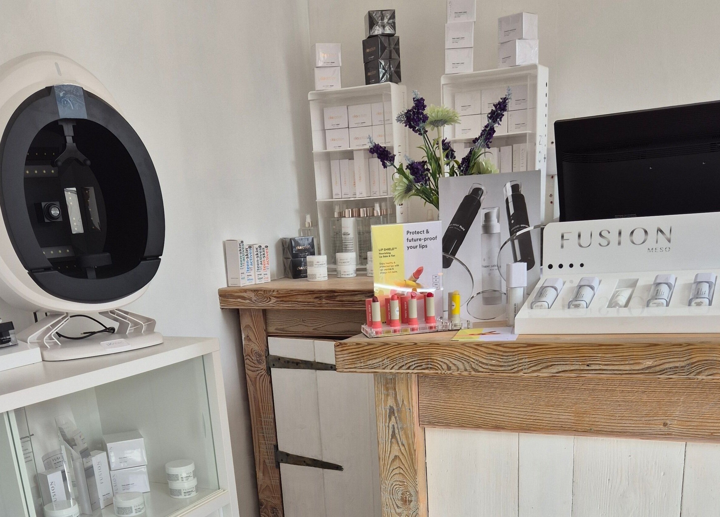 Product display at Gemini Aesthetic, Royal Tunbridge Wells, England, GB showcasing skincare and beauty items.