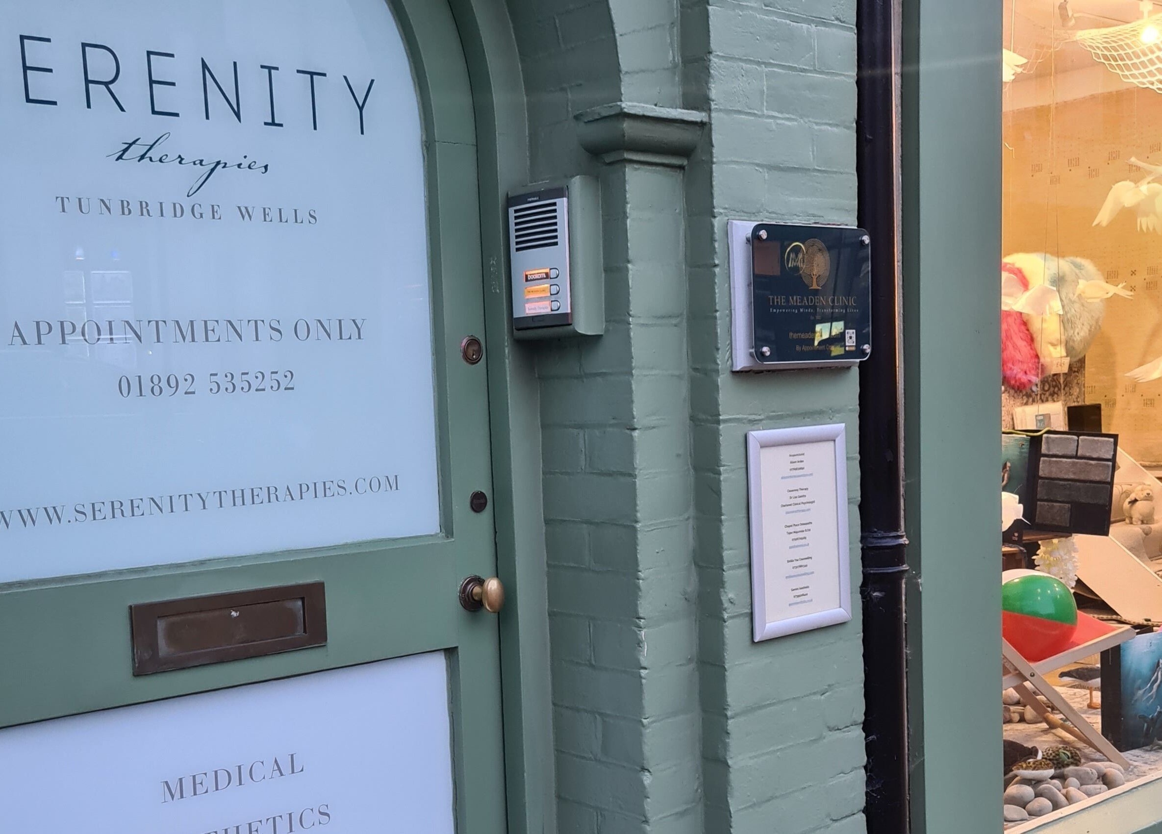 Front entrance of Gemini Aesthetic in Royal Tunbridge Wells, England; displaying inviting decor.