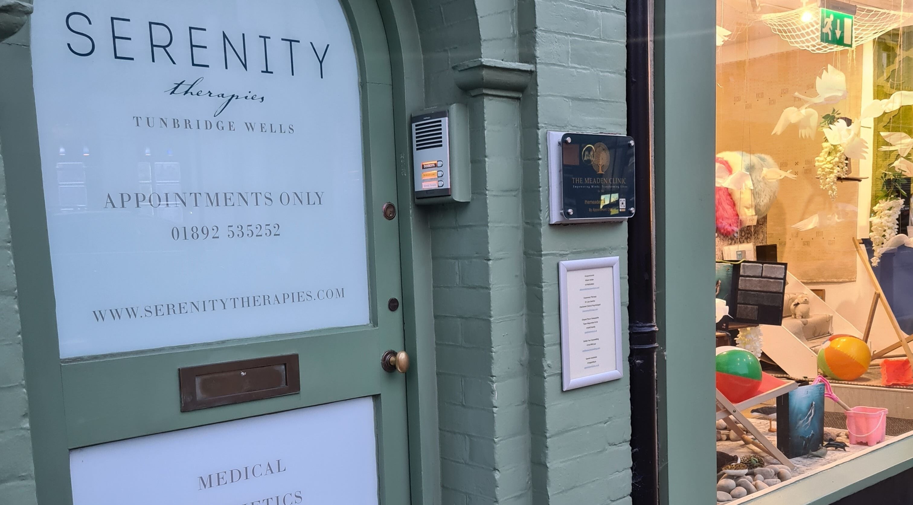 Front entrance of Gemini Aesthetic in Royal Tunbridge Wells, England; displaying inviting decor.