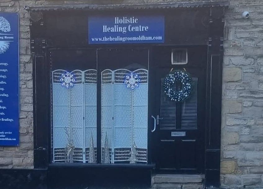 Front facade of The Healing Room Oldham in Lees, England, showcasing holistic healing services.