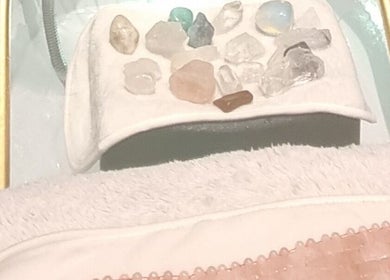 Healing crystals on soft towels at The Healing Room Oldham, Lees, England, GB.