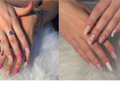 Intricate nail art at GlossedByCici, Balgowlah Heights, New South Wales, AU showcasing pink and white designs.