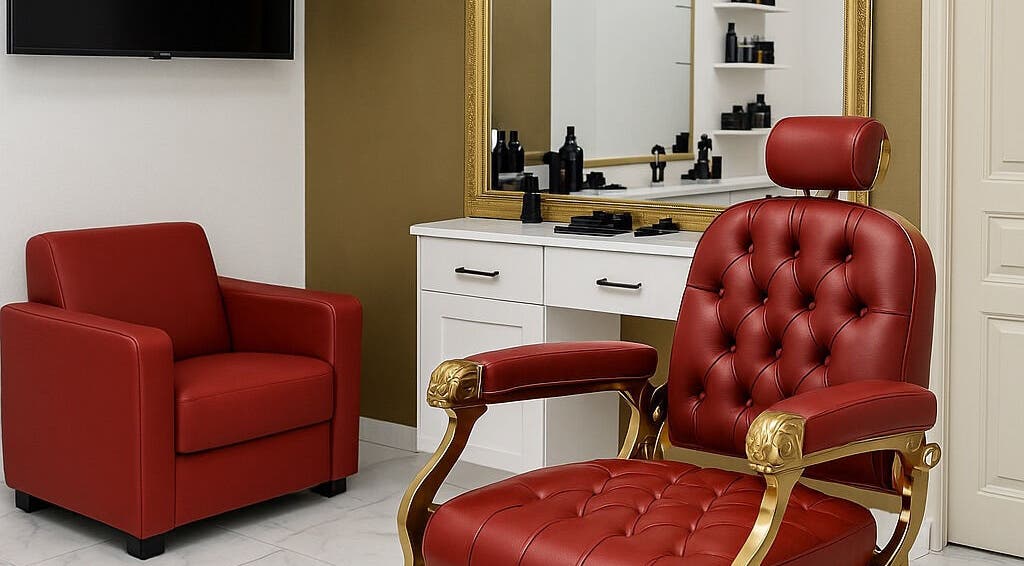 Fauteuils rouges luxueux chez Davidson Barbershop, Perpignan, Occitanie, FR.