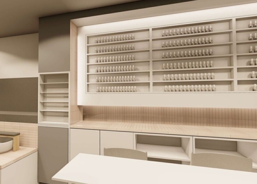 Elegant beauty product shelves in WithUBeauty, Strathfield, New South Wales, AU, showcasing minimalist design.