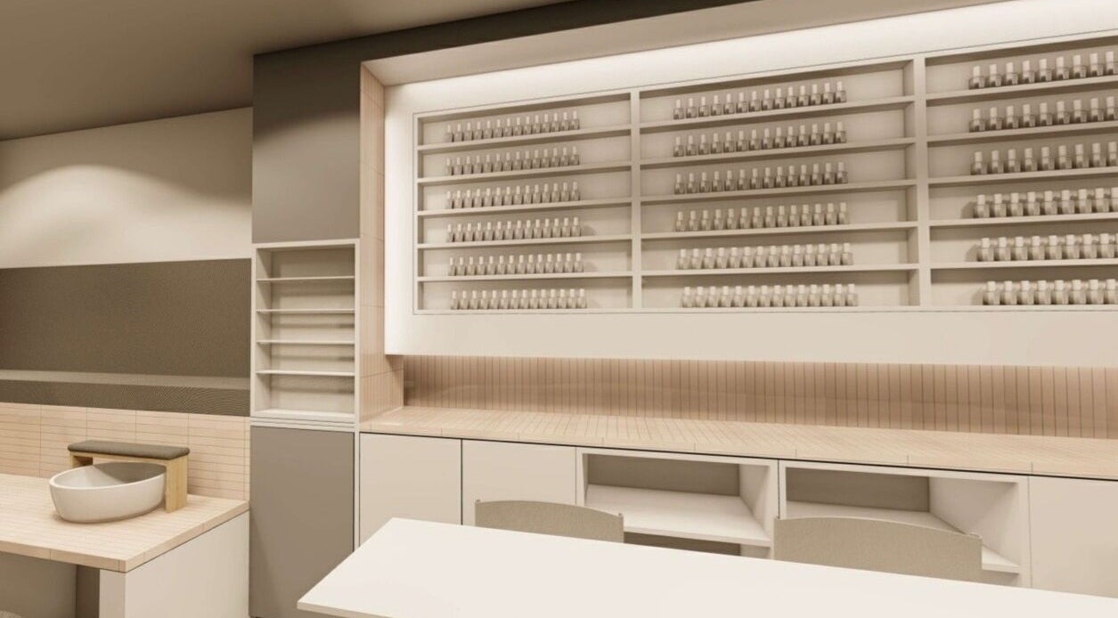 Elegant beauty product shelves in WithUBeauty, Strathfield, New South Wales, AU, showcasing minimalist design.