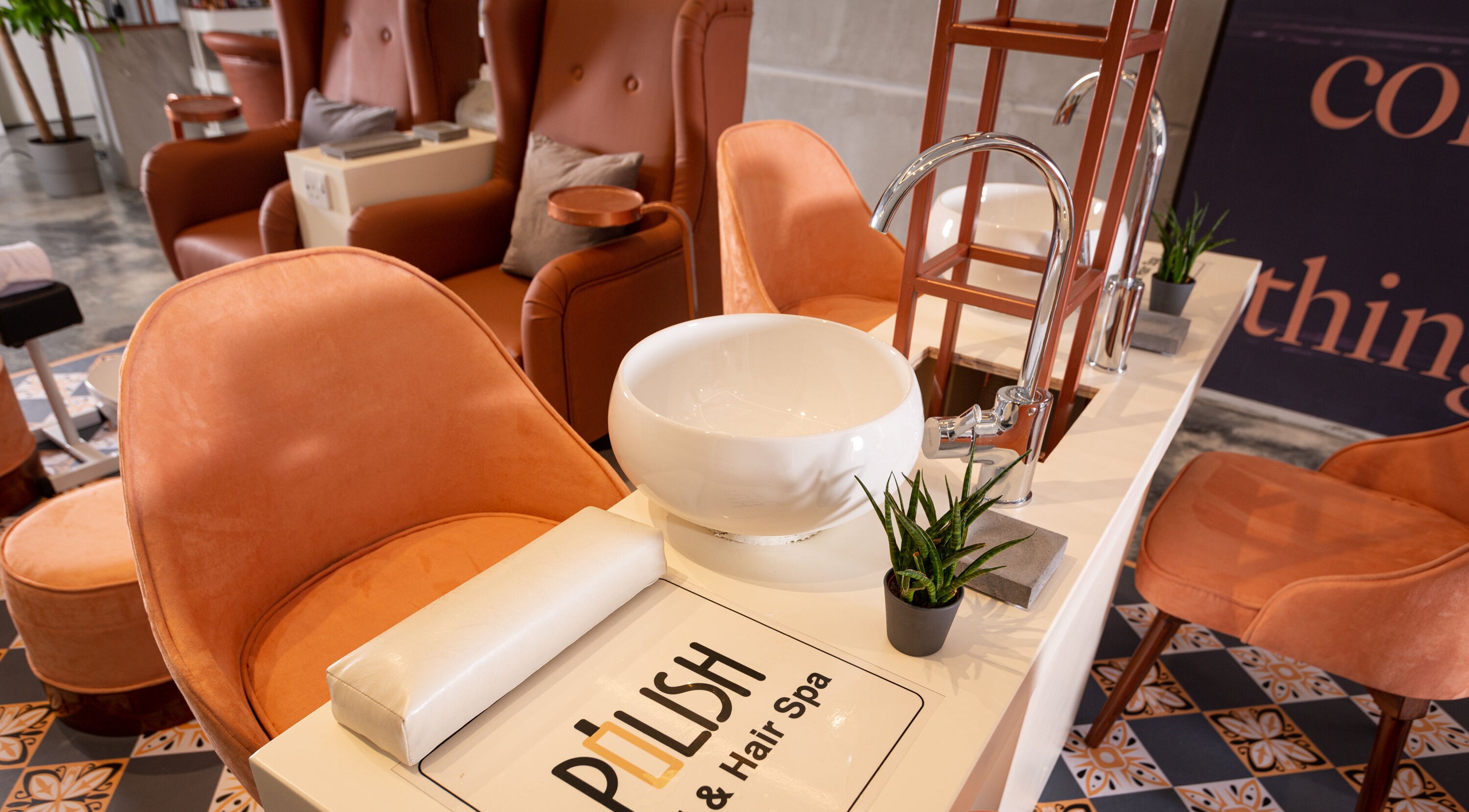 Luxurious seating and nail station at Polish Nail and Hair Spa, Al Khobar, Eastern Province, SA.