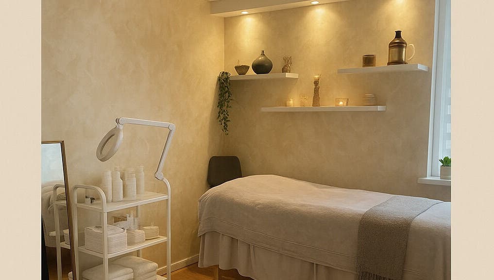 Tranquil treatment room at BeautyOasis, London, England, GB with soft lighting and elegant decor.