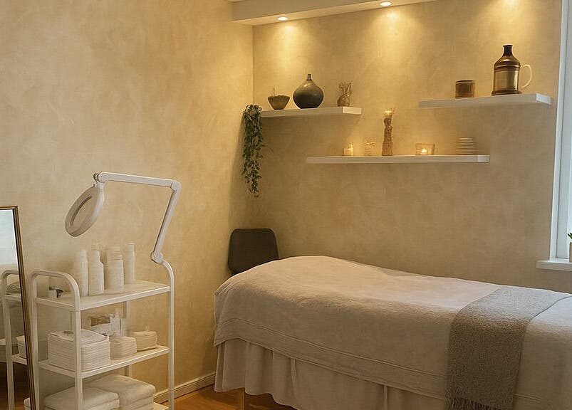 Tranquil treatment room at BeautyOasis, London, England, GB with soft lighting and elegant decor.