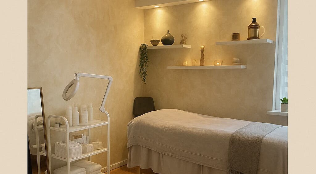 Tranquil treatment room at BeautyOasis, London, England, GB with soft lighting and elegant decor.