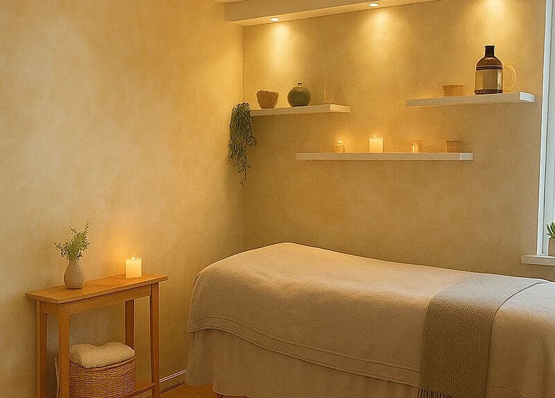 Peaceful spa room at BeautyOasis, London, England, GB with a massage bed, candles, and soft lighting.