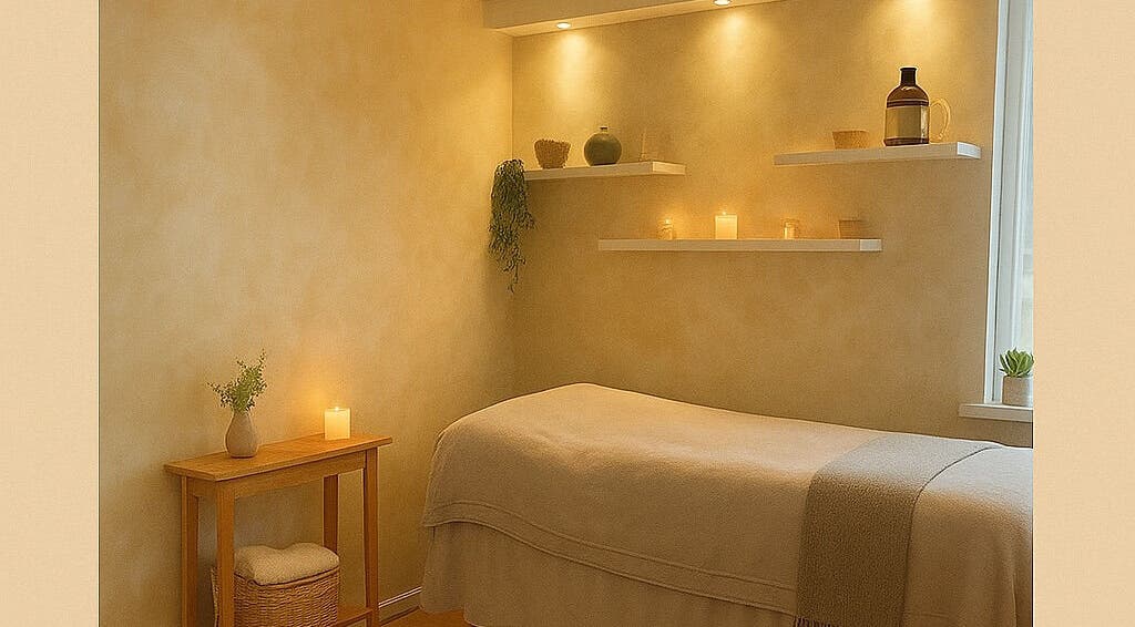 Peaceful spa room at BeautyOasis, London, England, GB with a massage bed, candles, and soft lighting.