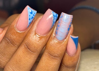 Elegant blue nail art at Pinkie Polish Nail Room, Saint Michael, Saint Michael, BB. Perfect manicure shot.