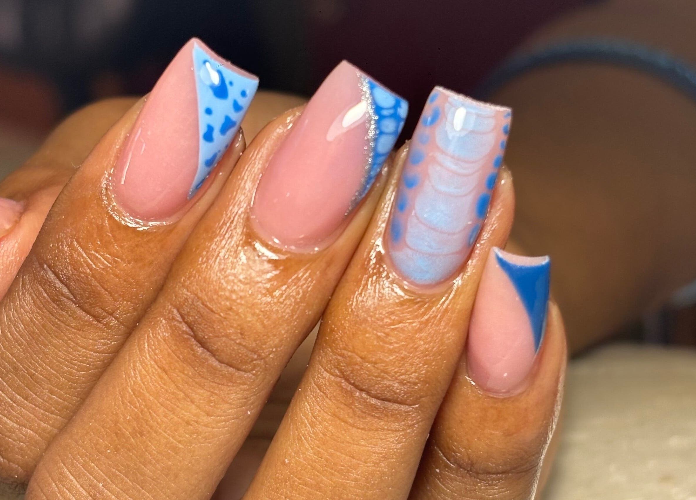 Elegant blue nail art at Pinkie Polish Nail Room, Saint Michael, Saint Michael, BB. Perfect manicure shot.