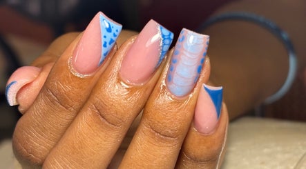 Elegant blue nail art at Pinkie Polish Nail Room, Saint Michael, Saint Michael, BB. Perfect manicure shot.