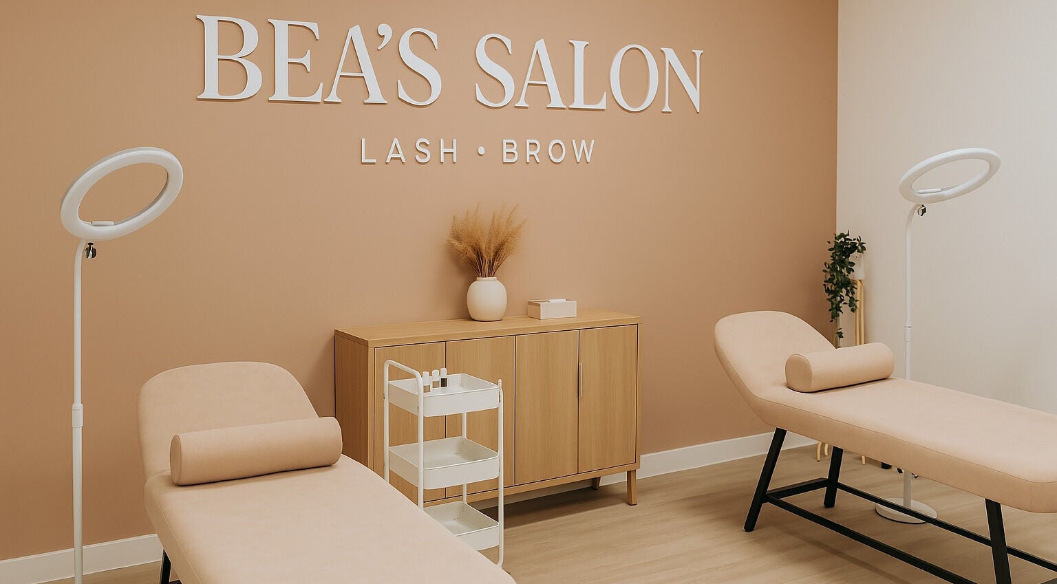 Interior of Bea's Salon in Lagos, NG showing treatment beds, soft lighting, and cozy decor.