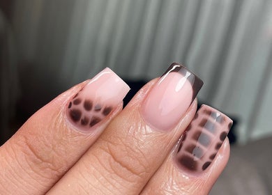 Close-up of intricate nail art by ByKayla.Sb at Blackpool, England, GB showcasing unique brown and nude design.