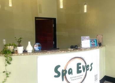 Reception area at Spa Eves | Scalp Spa + Massage in Austin, Texas, US with modern decor and soothing ambiance.