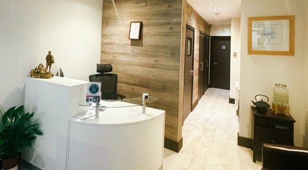 Reception area of Yoganic Thai Spa and Massage, London, England, GB. Features a modern, serene design.