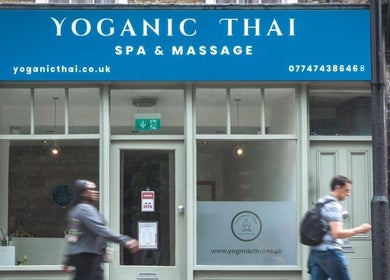 Yoganic Thai Spa and Massage entrance in London, England, GB with signature blue signage.