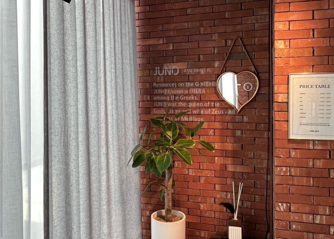 Warm brick wall with a heart-shaped mirror and plant at Juno Hair Myungdong 4, 서울특별시, 서울특별시, KR.