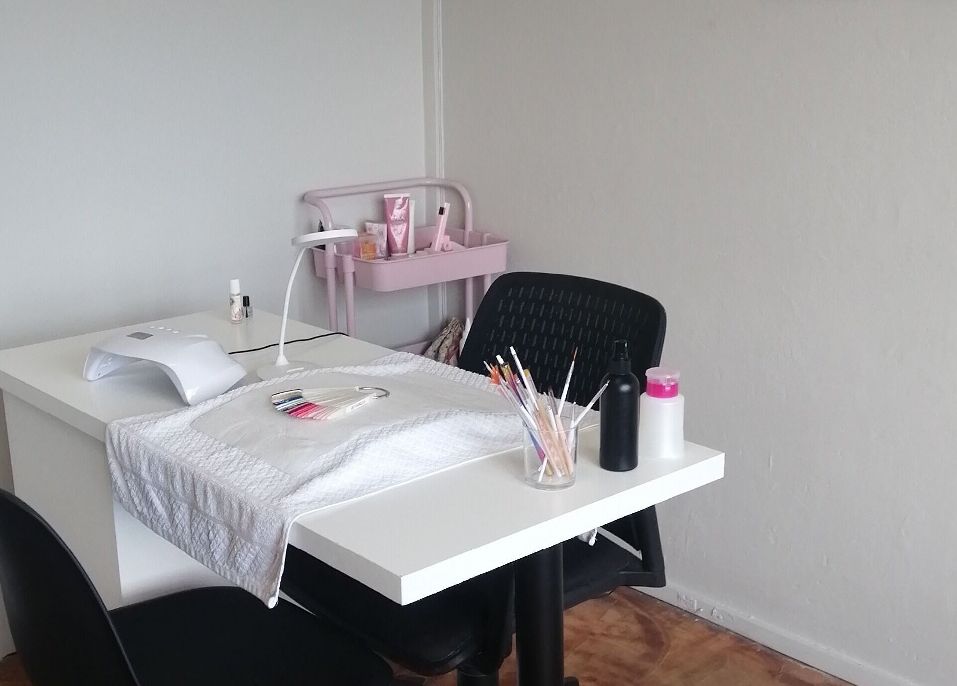 Cozy nail station at Luminous Nails, Outer West Durban, Kwazulu-Natal, ZA, featuring tools and products.