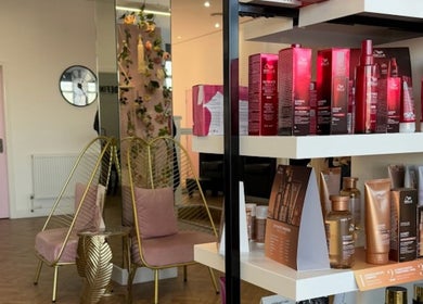 Product display and elegant seating at The Salon Sanctuary, Liverpool, England, GB.