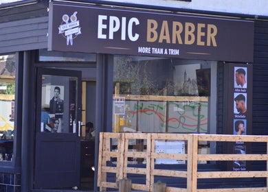 Exterior view of Epic Barber Woking in Woking, England, showcasing modern barber shop design.