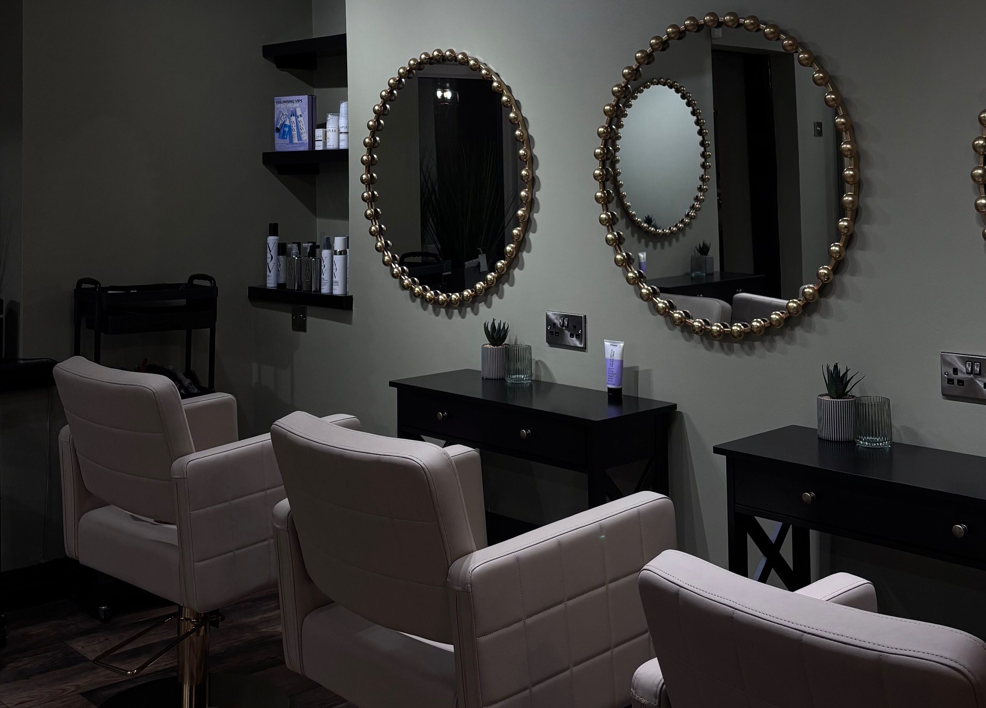 Luxury salon chairs and ornate mirrors at Another Salon, Swansea, GB, offering elegant beauty services.