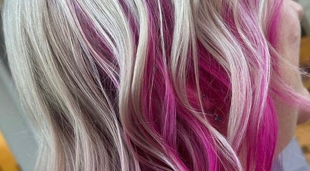 Bright pink and blonde hair styled at EMWHAIR, Newport Pagnell, England, GB.