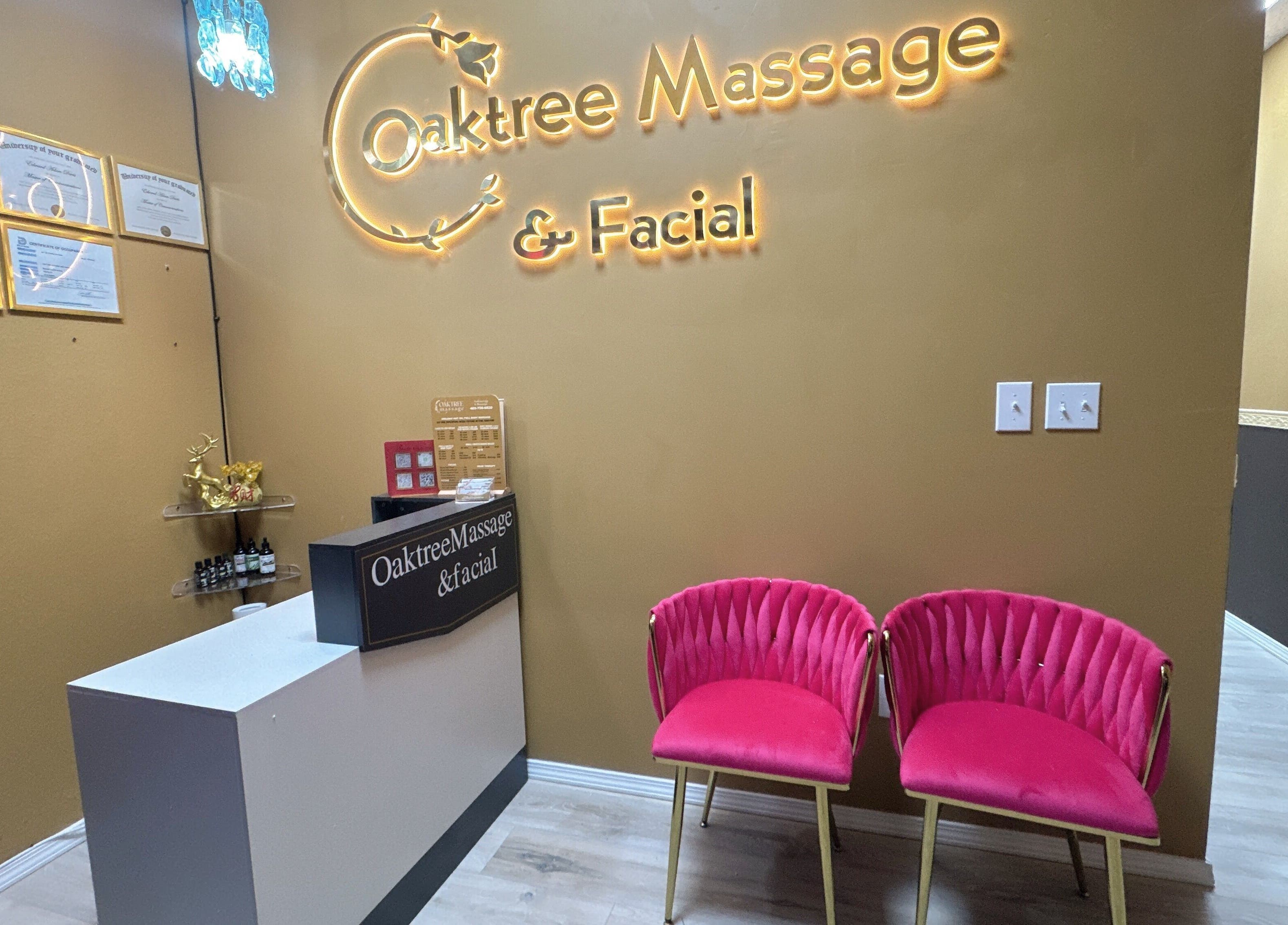 Reception area of Oak Tree Massage & Facial Lovers ln in Dallas, Texas, US, featuring bright decor and seating.
