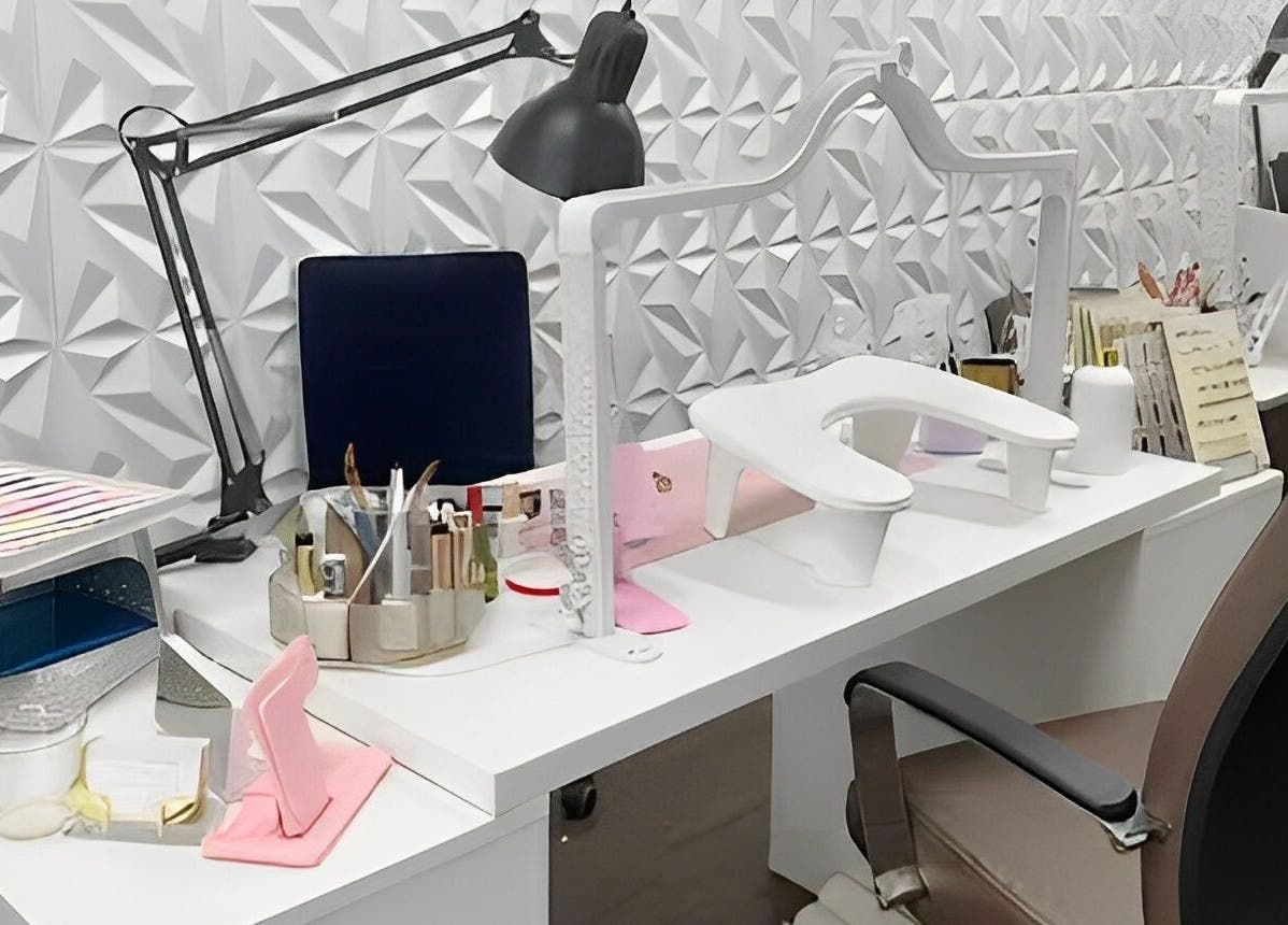 Modern nail station at MY NAILS, Victoria, Texas, US with tools and decor.