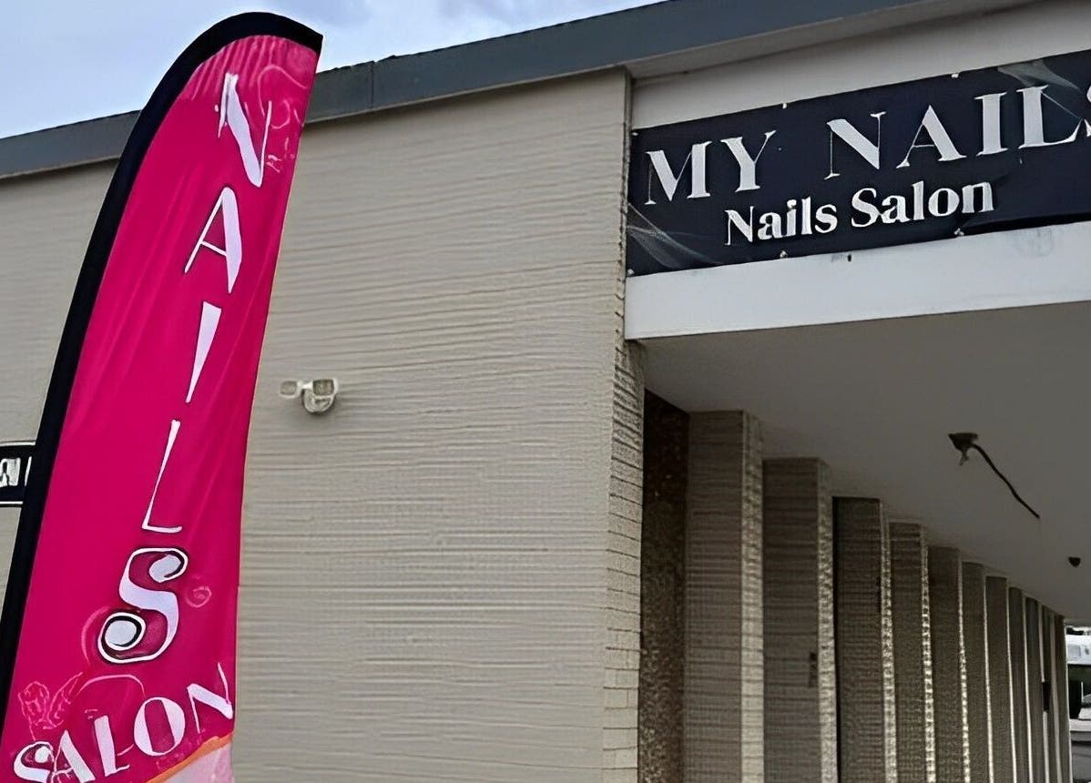 MY NAILS salon entrance in Victoria, Texas, US showcasing vibrant signage.