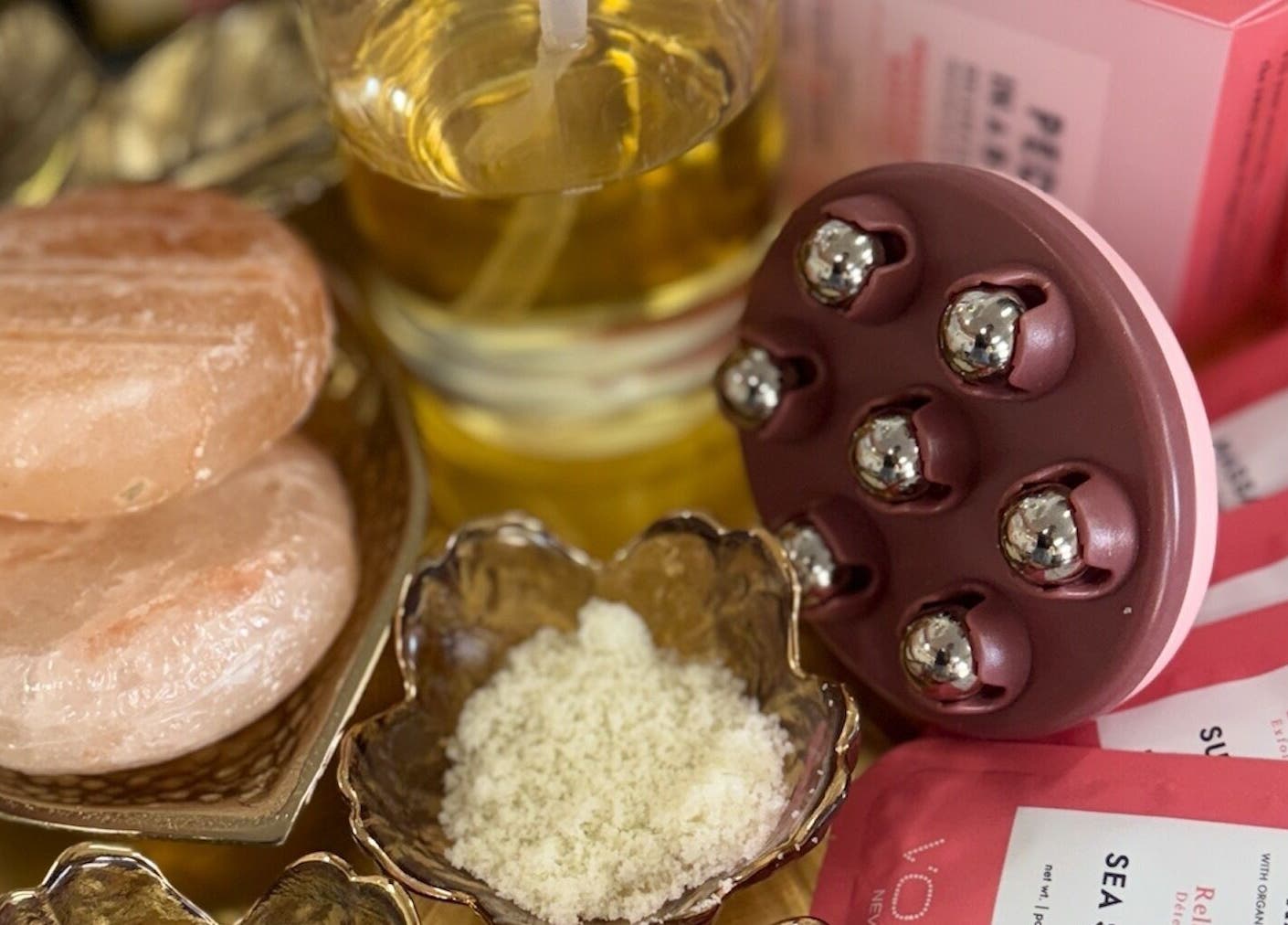 Luxury spa set with salt and massage tools at MY NAILS, Victoria, Texas, US.