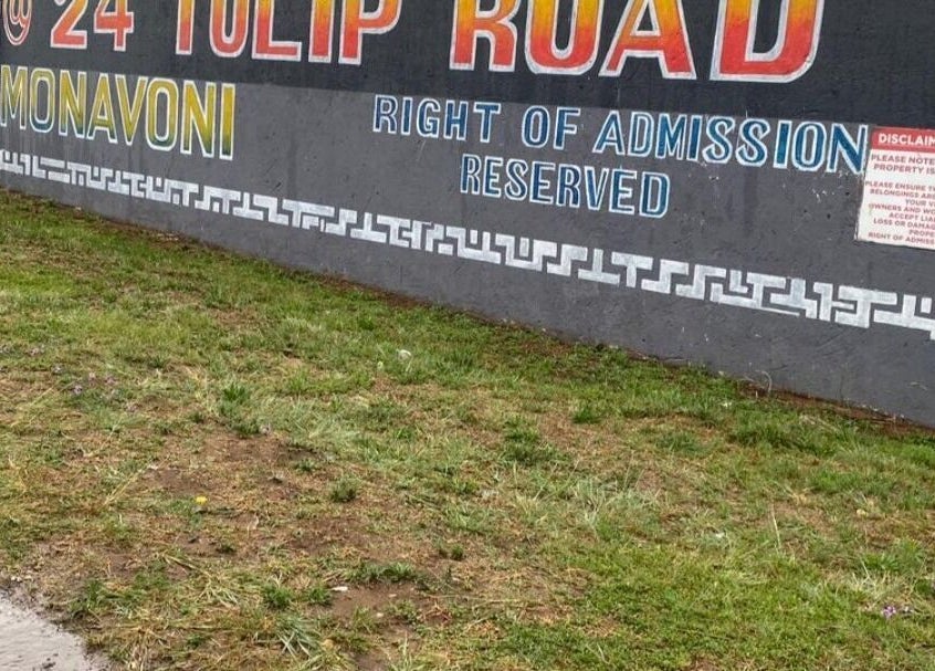Street sign for BusiNails at 24 Tulip Road, Centurion, Gauteng, ZA, against a grassy foreground.