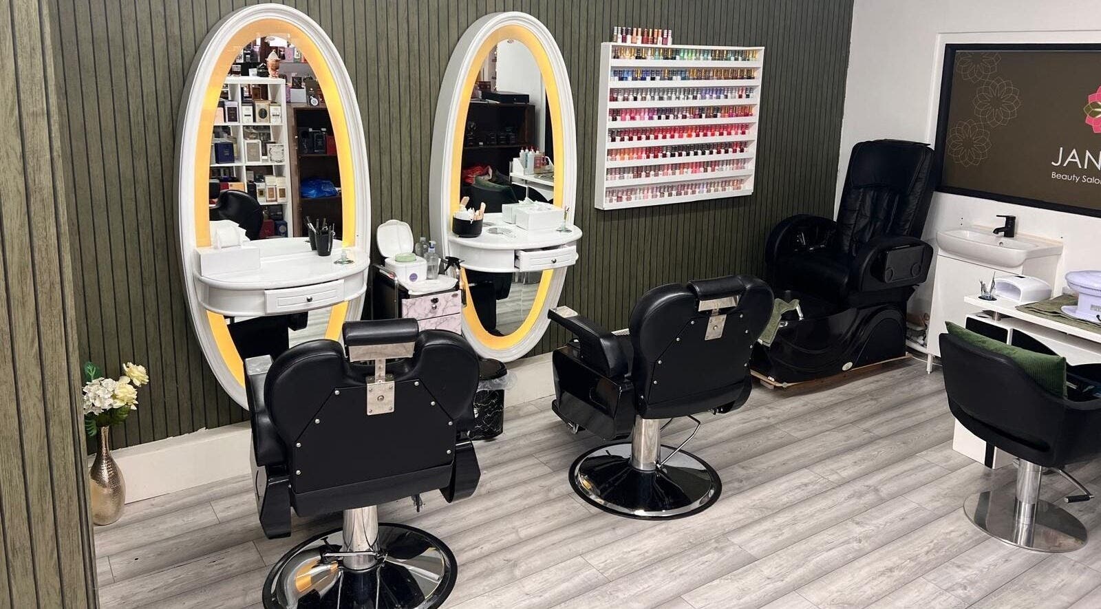 Jannah Beauty salon interior in Croydon, England, GB with mirrors, chairs, and polish display.